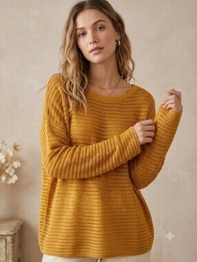 D/C Jeans 100% Cotton Open-Knit Scoop Neck Sweater - Mustard